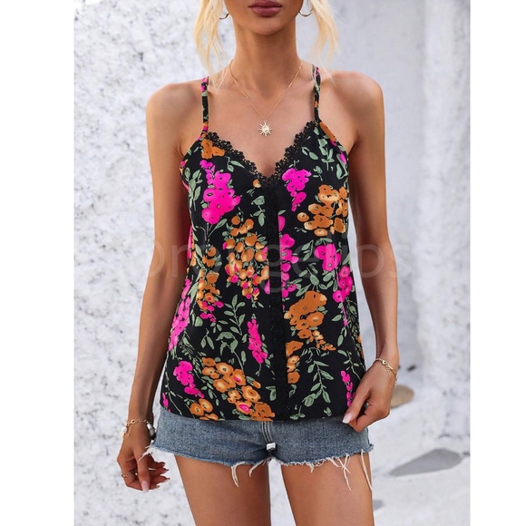 Lace Detail Multicolor Floral Print Cami Top Spaghetti Straps Black Pink - Picture 3 of 8